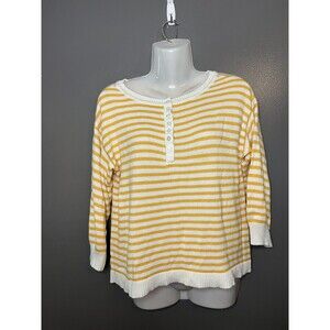Candace Cameron Bure Sweater Womens XXS Yellow White Stripe Henley Knit Top